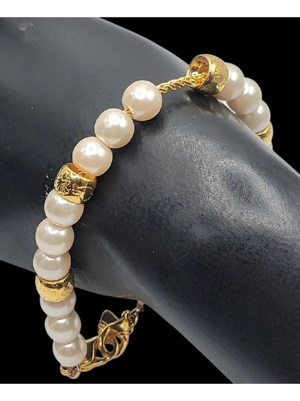 Vintage LCI Liz Claiborne Faux Pearl Gold Tone Bead Bracelet 1990s 7.5" Cable - Picture 7 of 13